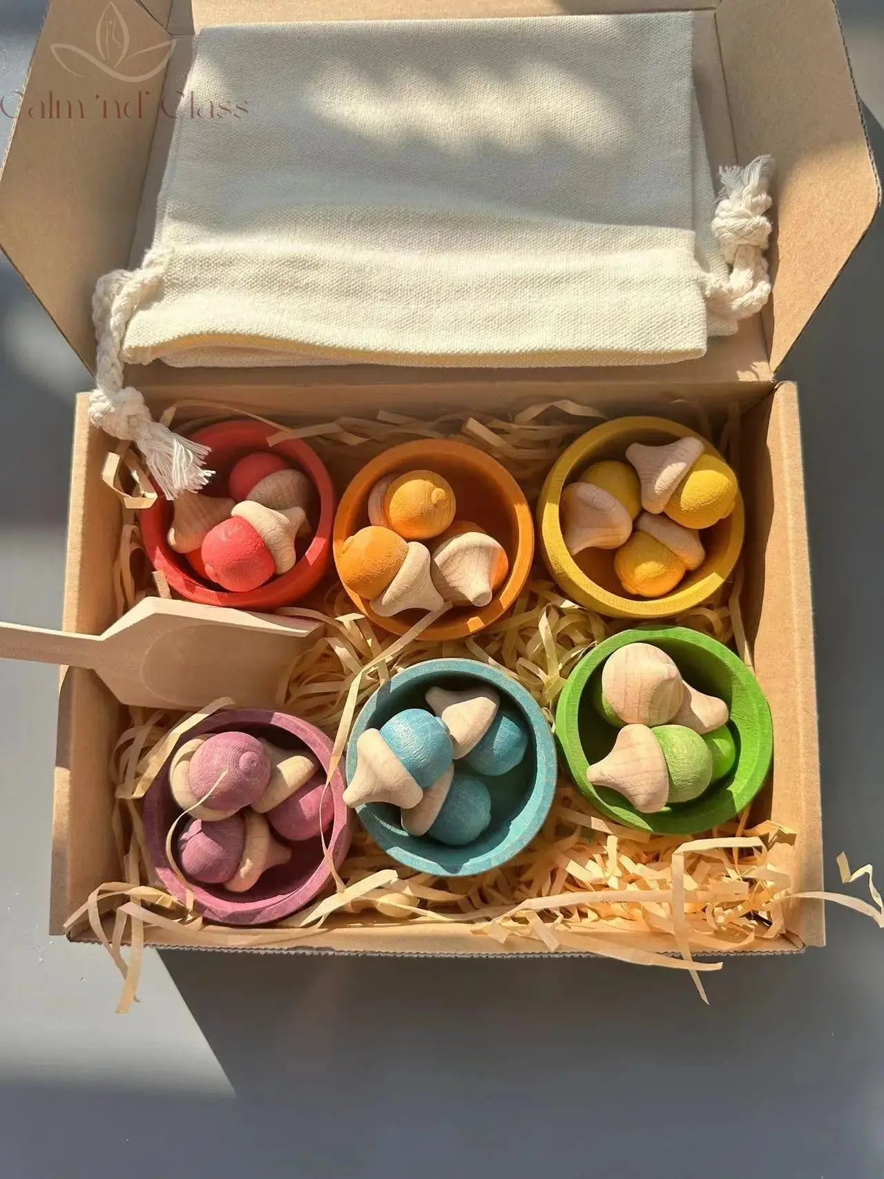 Rainbow Wooden  Blocks Loose Parts Toys Pastel Beech Acorns for Kids Open-end Play Calm and Class