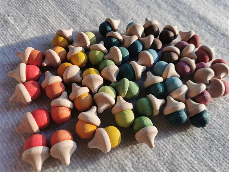 Rainbow Wooden  Blocks Loose Parts Toys Pastel Beech Acorns for Kids Open-end Play Calm and Class