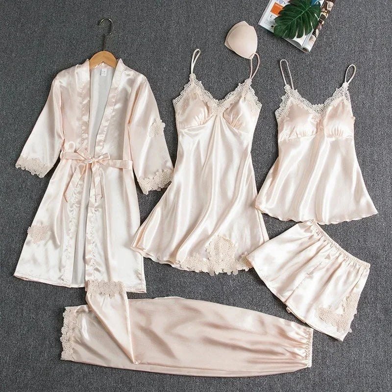 Elegant 5PC Silk Robe Sleep Suit Women Lace Satin Pajamas Gown Set