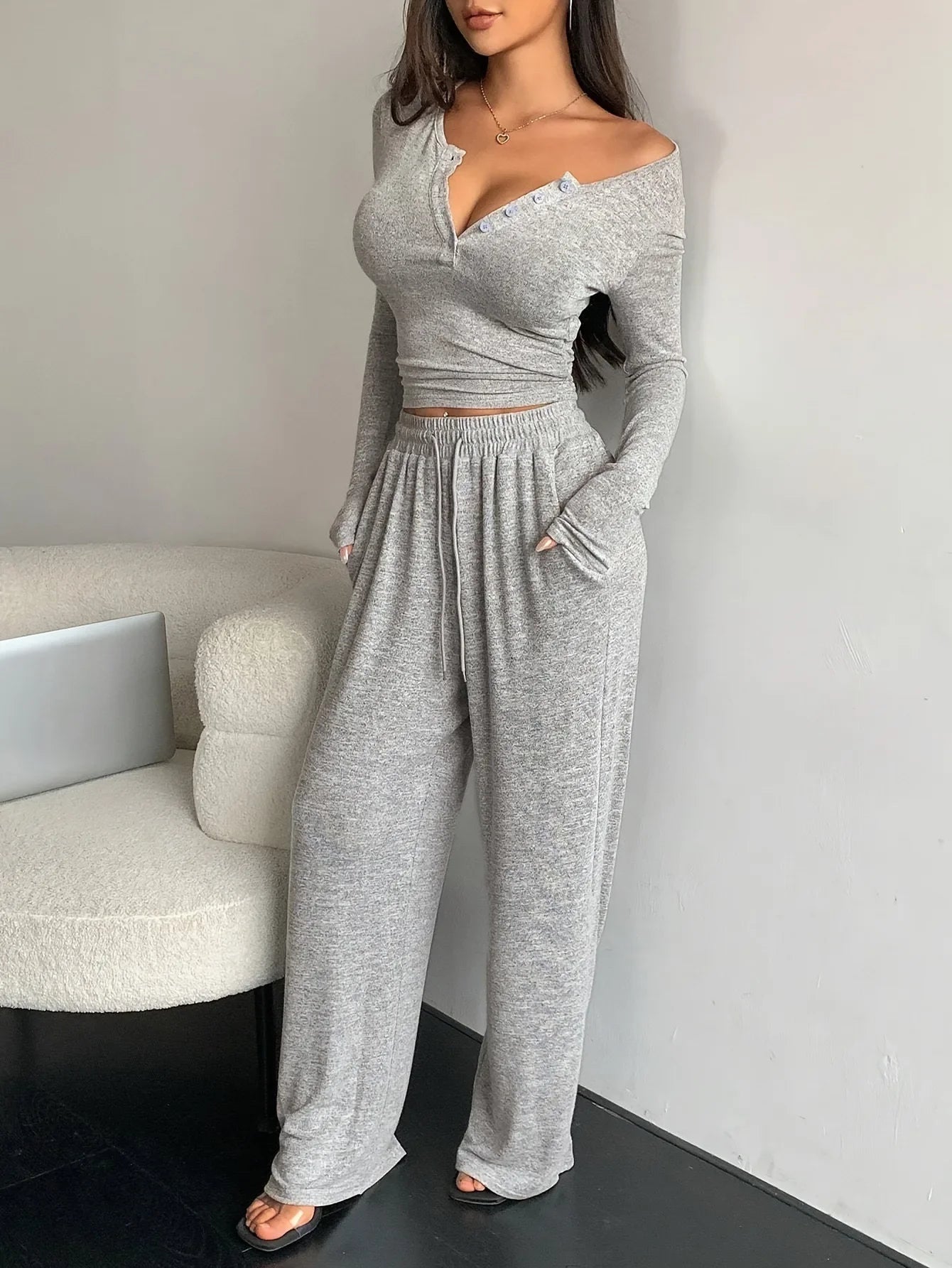 Women Two Piece Sets Pajama Set Sexy V-neck Long Sleeve Sleepwear Pants