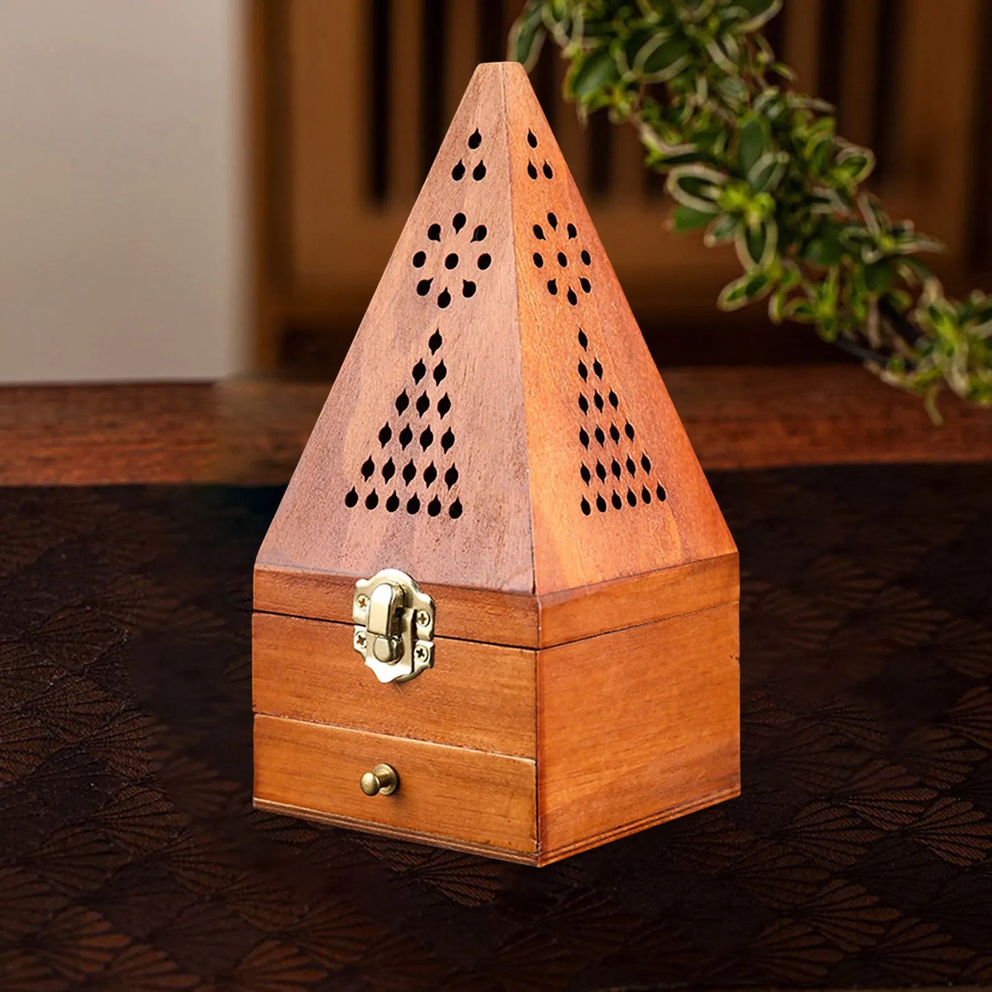 Wood Incense Burner Box Wooden Censer Pyramid Decor Holder