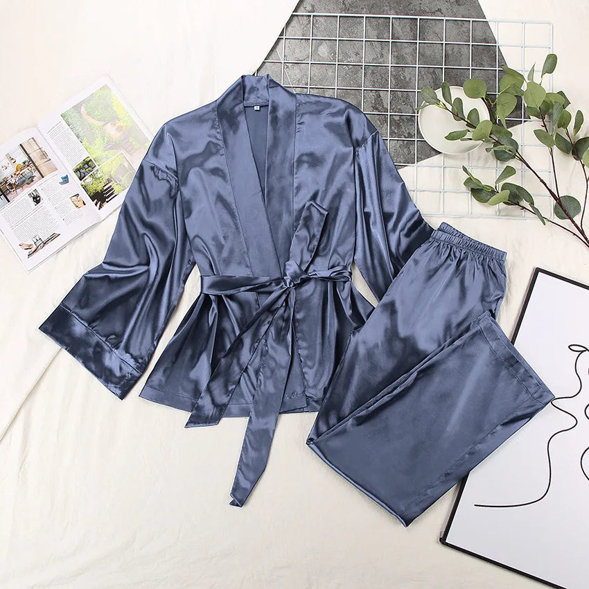 Women's 2024 Matching Sets Pajamas With Belt Satin Two Piece Suit