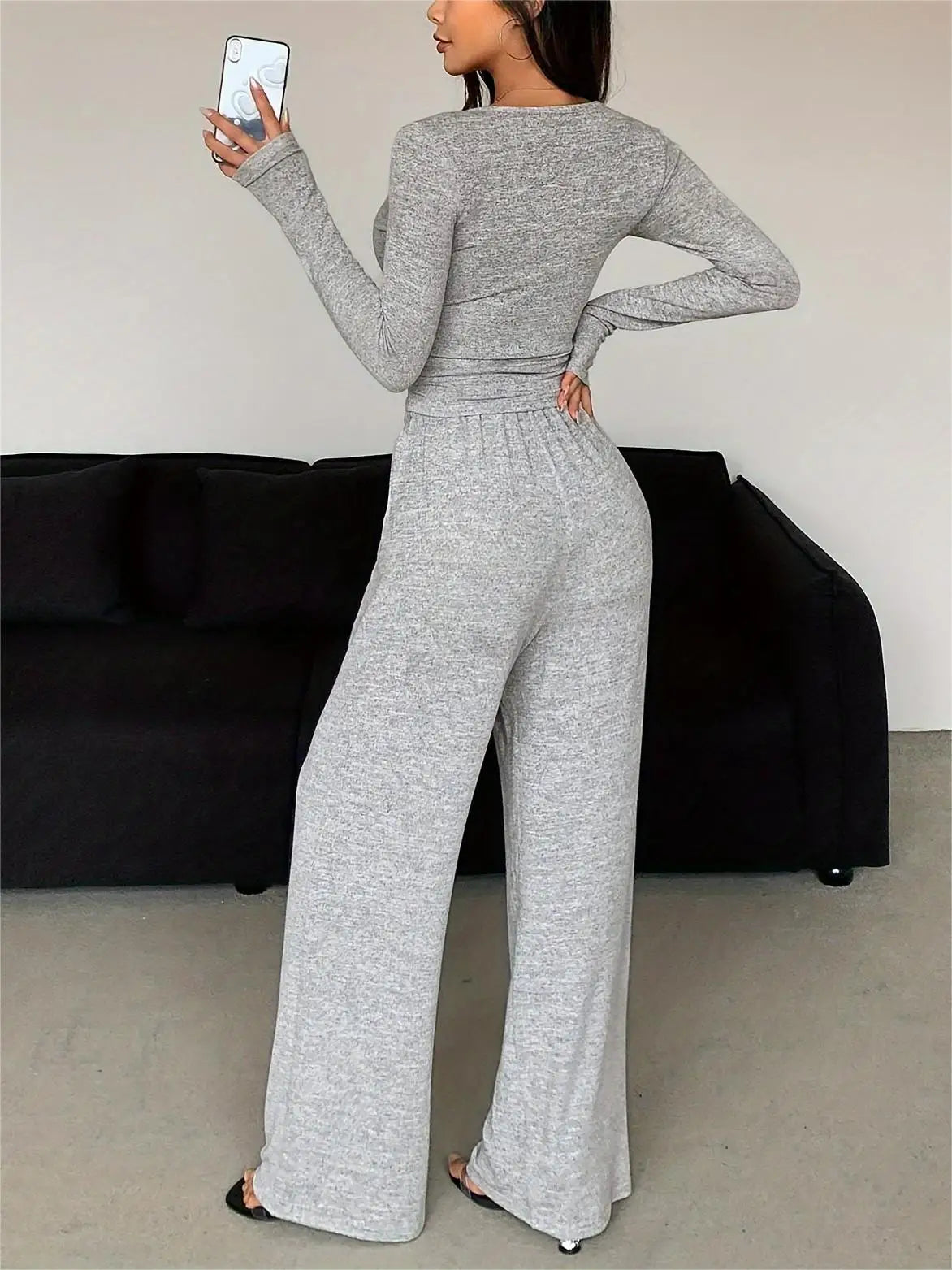 Women Two Piece Sets Pajama Set Sexy V-neck Long Sleeve Sleepwear Pants