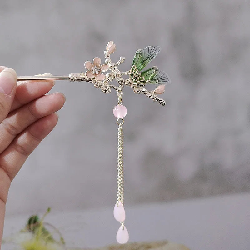 Elegant Green Butterfly Hair Sticks With Pink Flower Clips