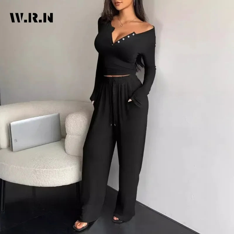 Women Two Piece Sets Pajama Set Sexy V-neck Long Sleeve Sleepwear Pants