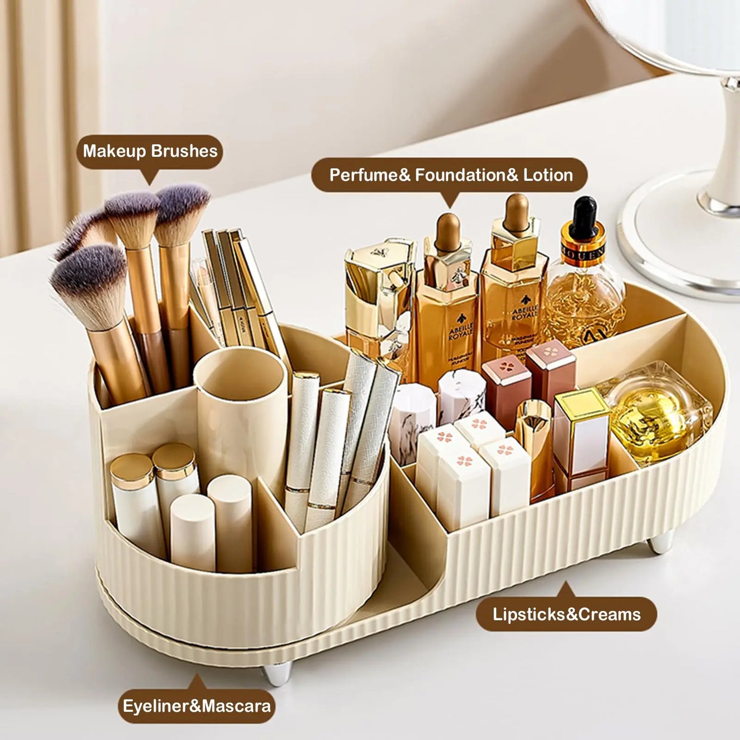 360 Rotating Makeup Organizer for Vanity with Brush Holder