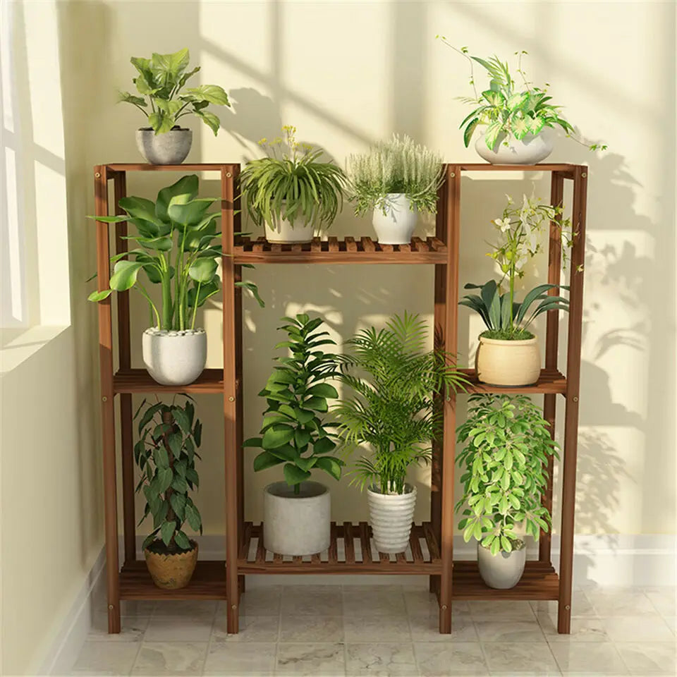 Multi-Tier Stylish Bamboo Plant Stand Indoor Outdoor 10 Pot Display Rack