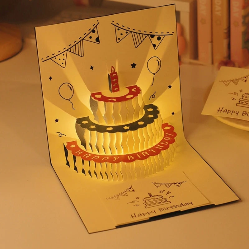 3D Musical Birthday Cake Card LED Light Pop-Up Greeting Cards for All Occasion