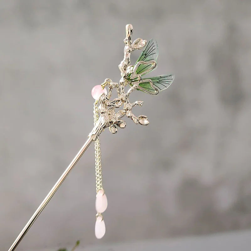 Elegant Green Butterfly Hair Sticks With Pink Flower Clips