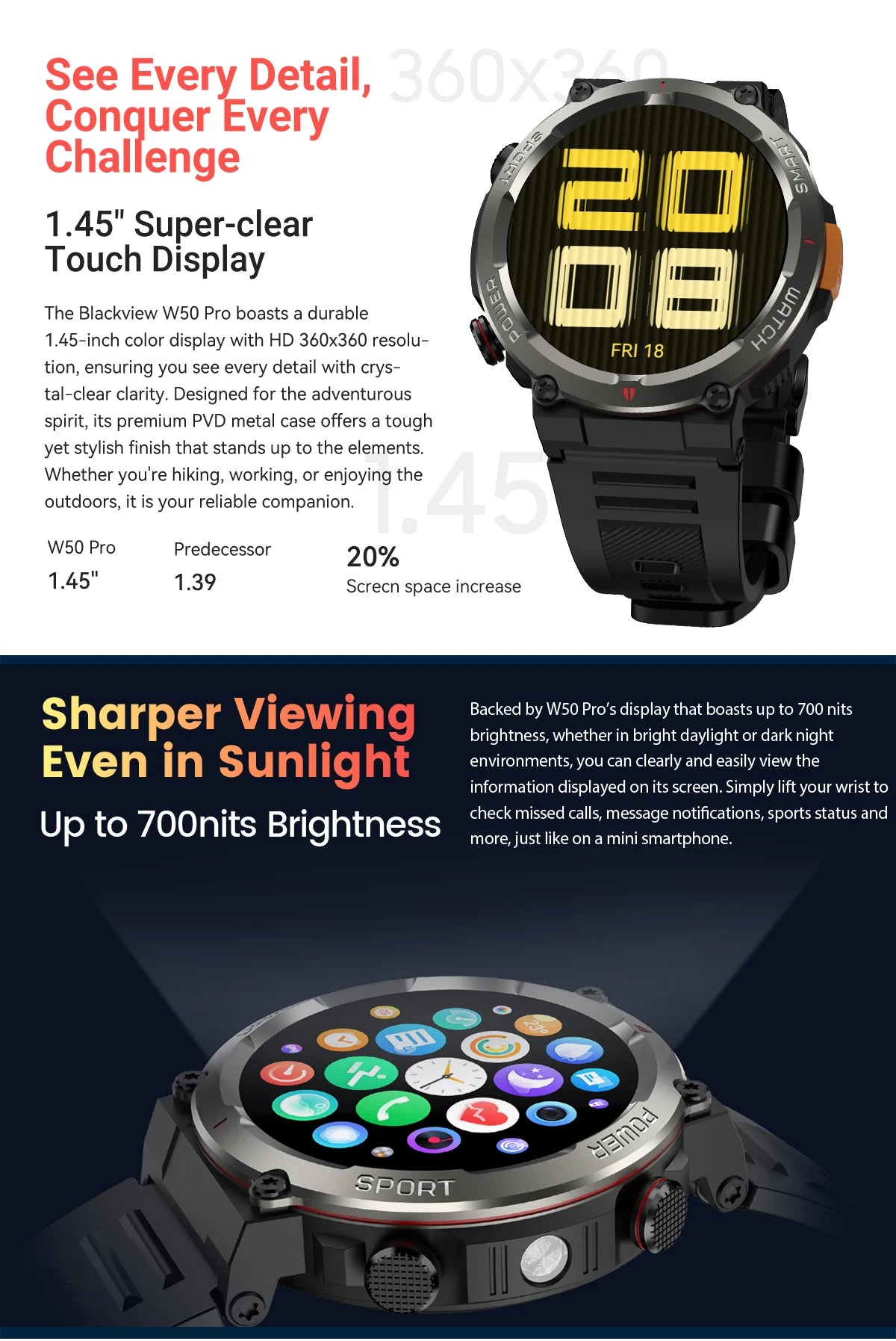 Blackview W50 Pro Smartwatch IP68 Bluetooth 1.45-Inch Display