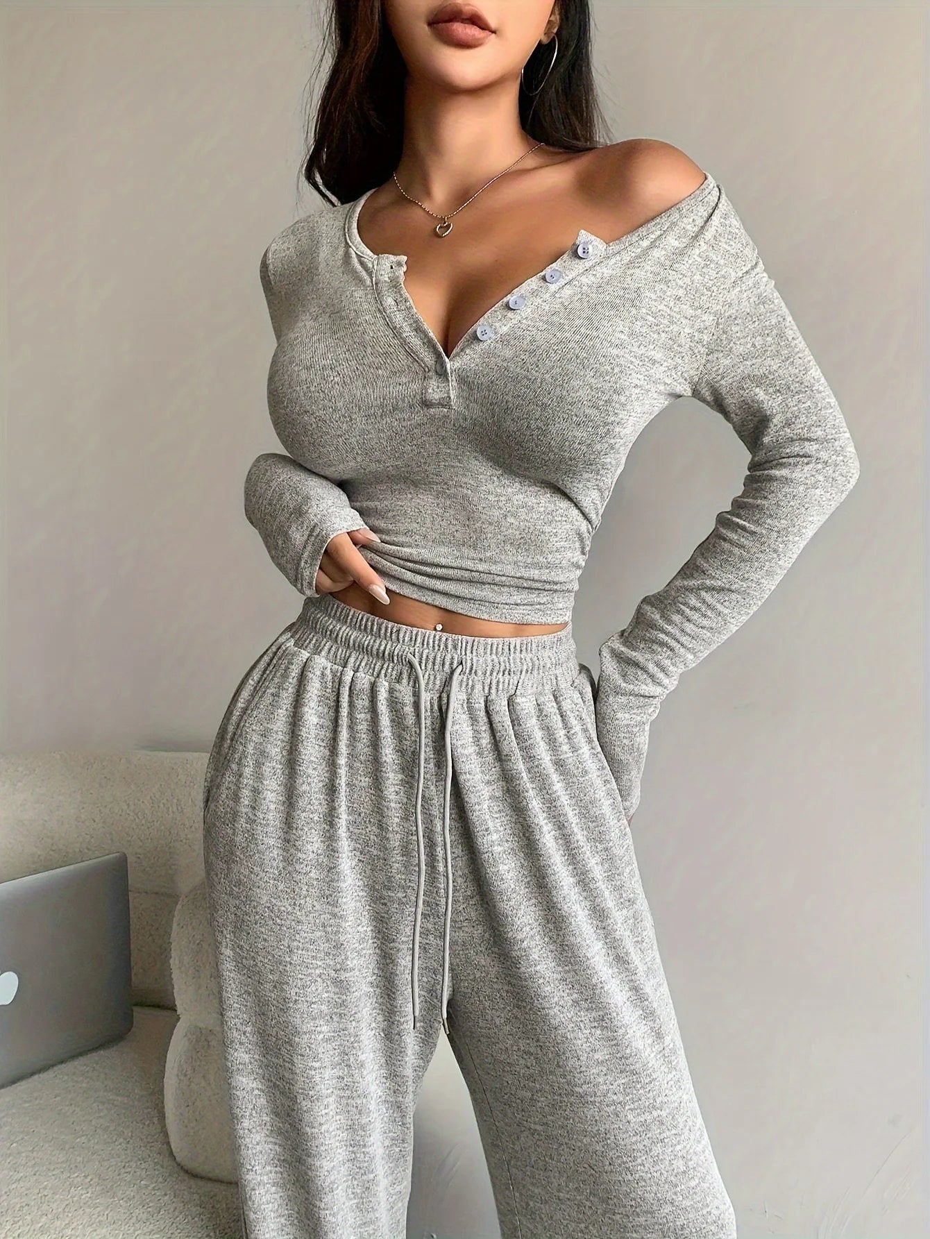 Women Two Piece Sets Pajama Set Sexy V-neck Long Sleeve Sleepwear Pants