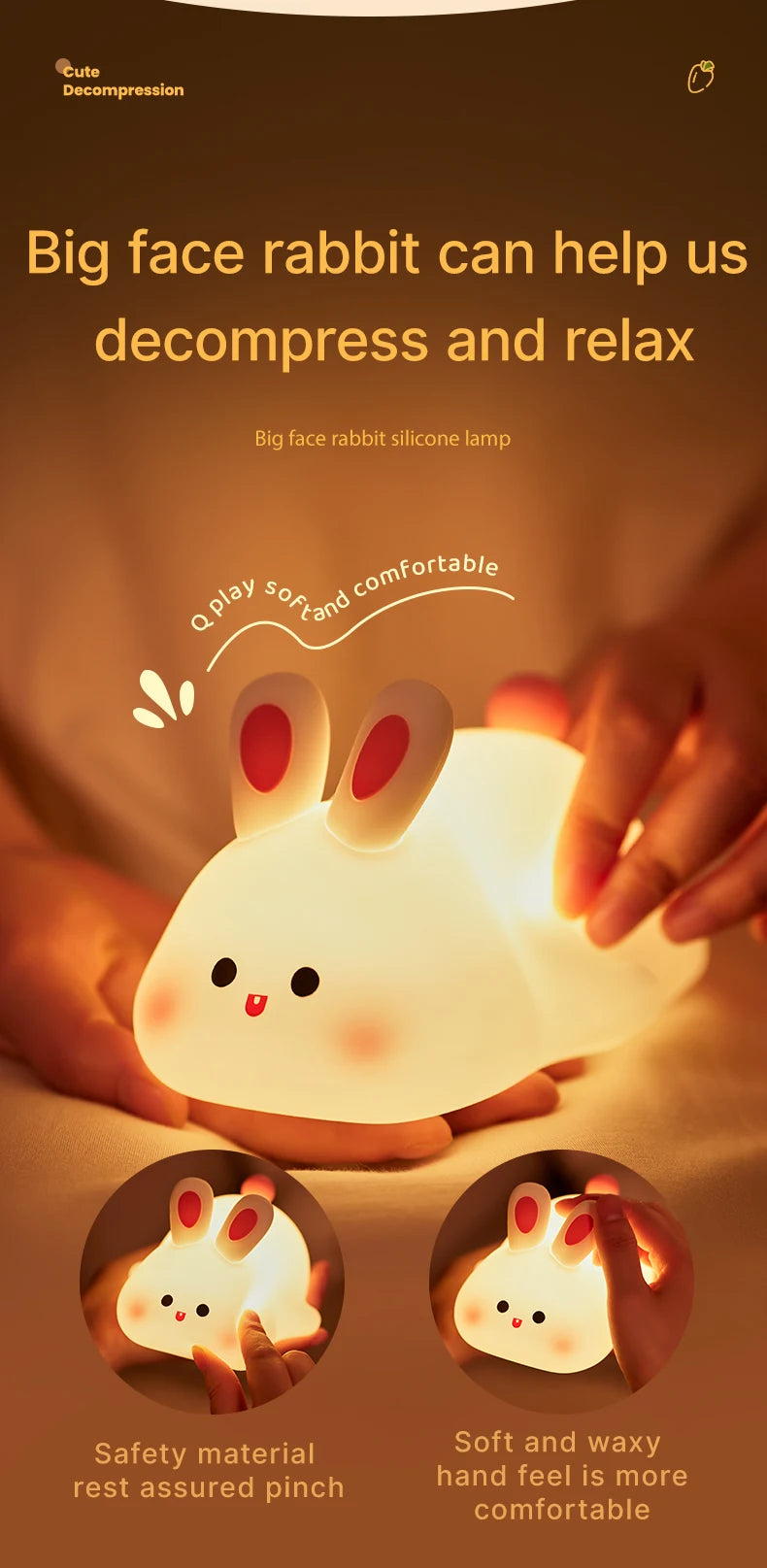 Big Face Rabbit Night Light Cute Silicone Soft Lamp Gift