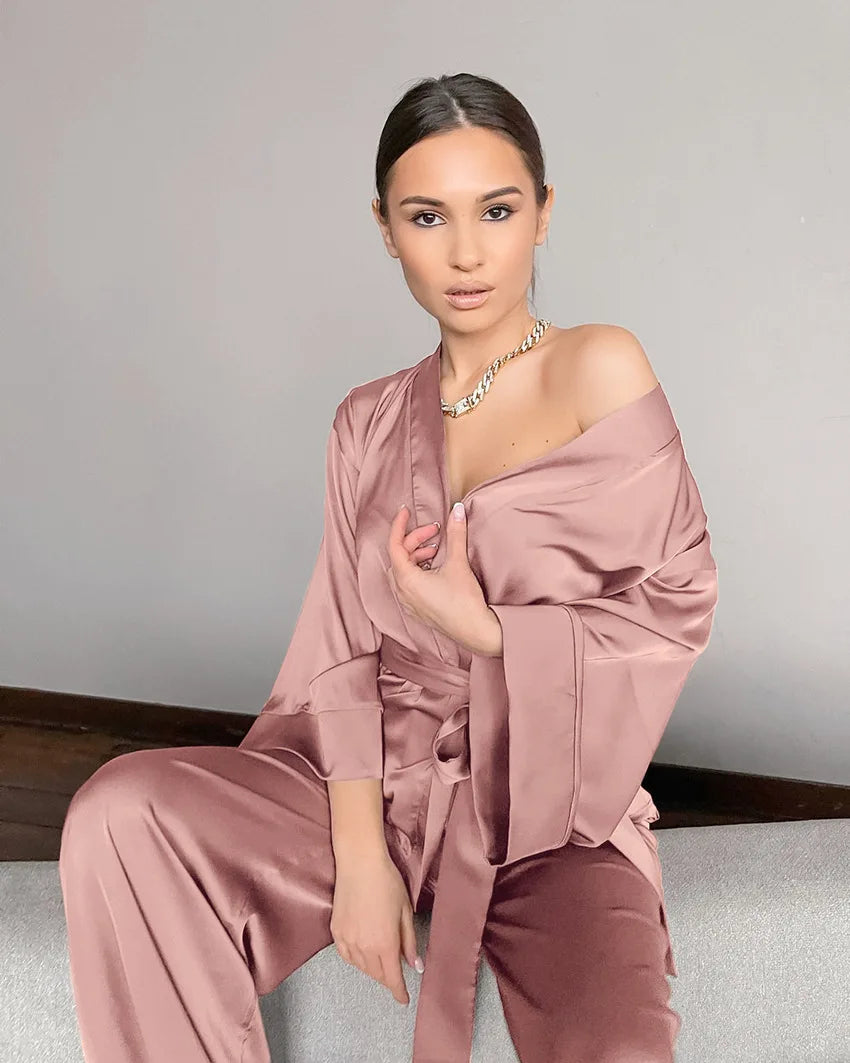 Women's 2024 Matching Sets Pajamas With Belt Satin Two Piece Suit