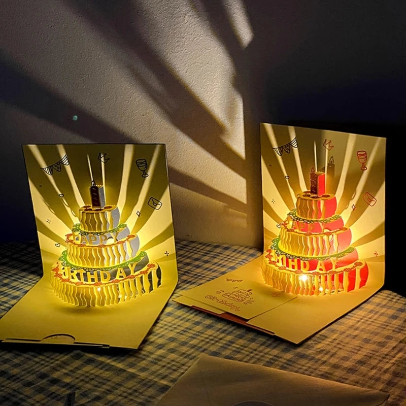 3D Musical Birthday Cake Card LED Light Pop-Up Greeting Cards for All Occasion