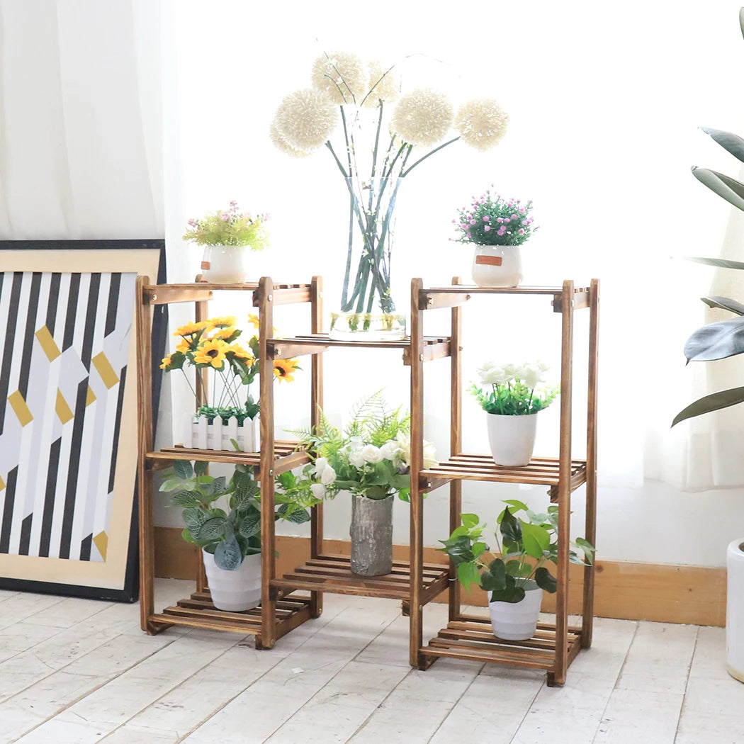 Multi-Tier Stylish Bamboo Plant Stand Indoor Outdoor 10 Pot Display Rack