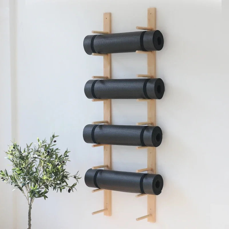 Solid Wood Yoga Mat Storage Organizer Wall Shelf Rack