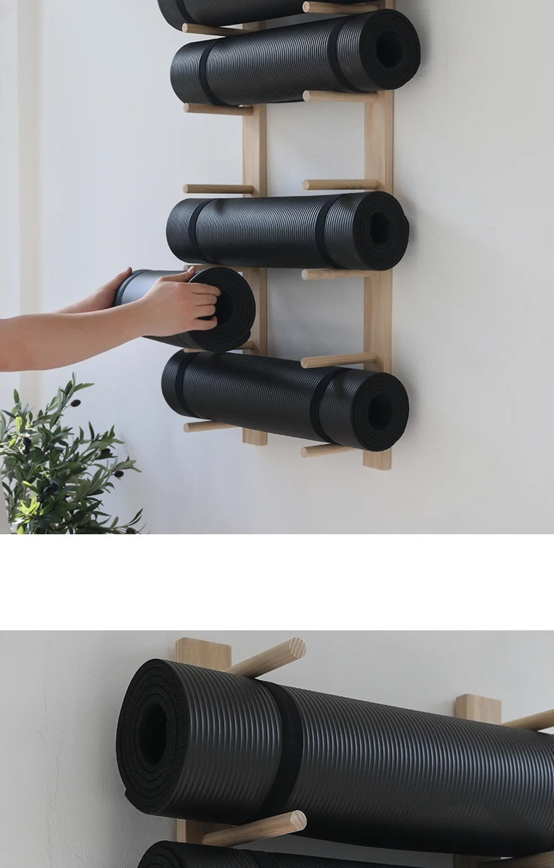 Solid Wood Yoga Mat Storage Organizer Wall Shelf Rack