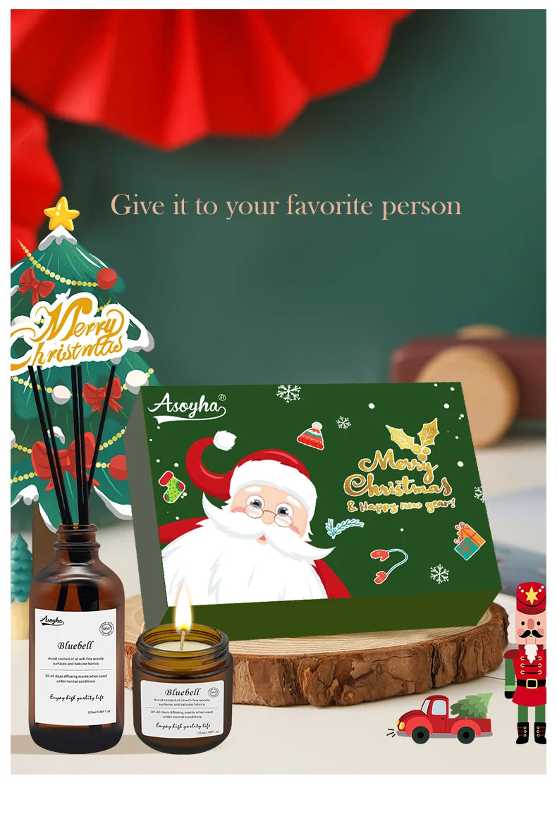 Custom Christmas Aromatherapy Scented Candle Gift Set Luxury Reed Diffuser Set in Glass Jar New Design