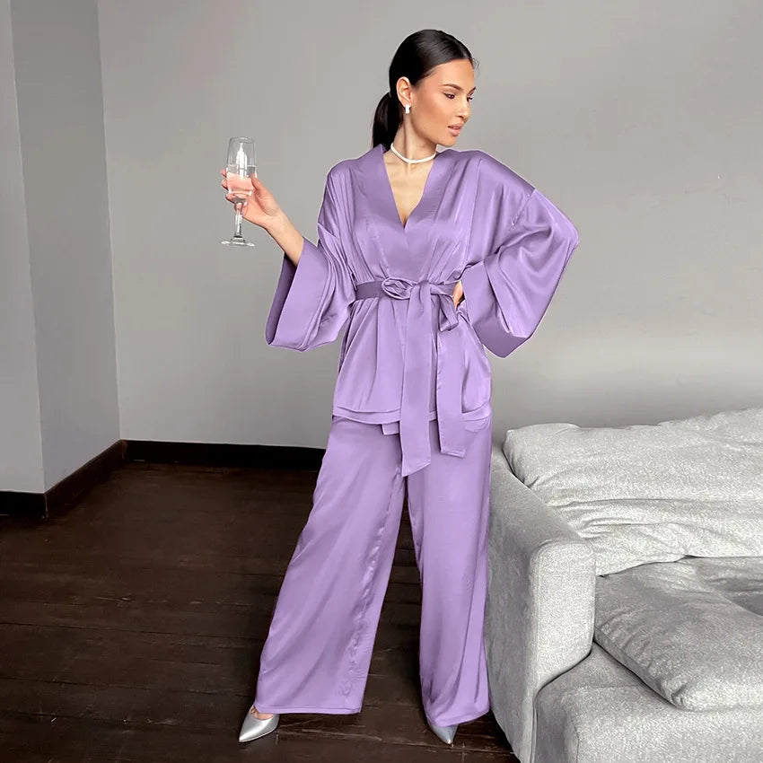 Women's 2024 Matching Sets Pajamas With Belt Satin Two Piece Suit