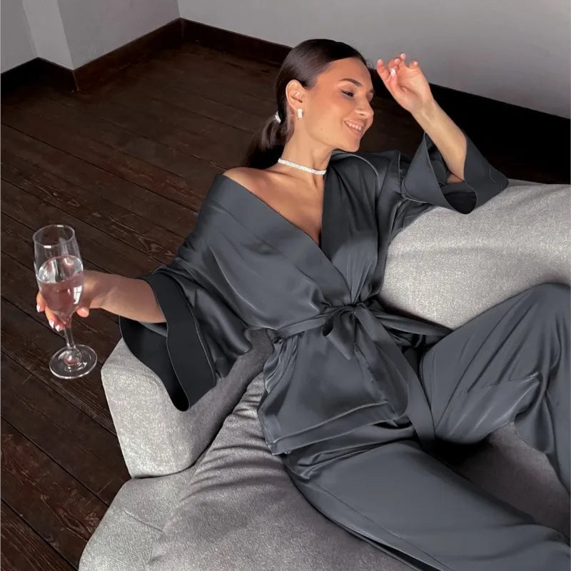 Women's 2024 Matching Sets Pajamas With Belt Satin Two Piece Suit