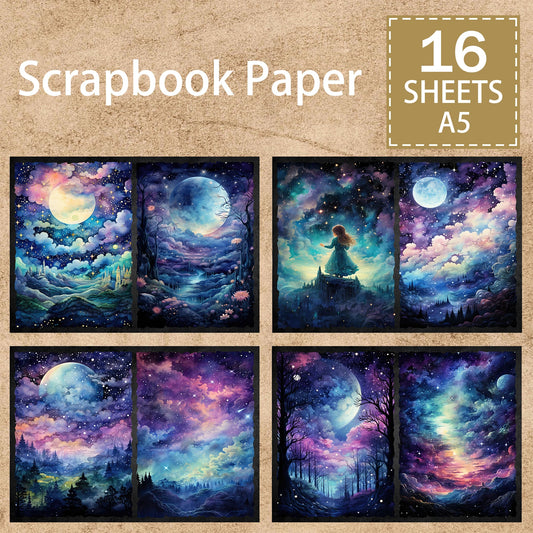 16 Sheets A5 Size Enchanted Starry Sky Forest Background Vintage Grunge Journal Planning Scrapbooking