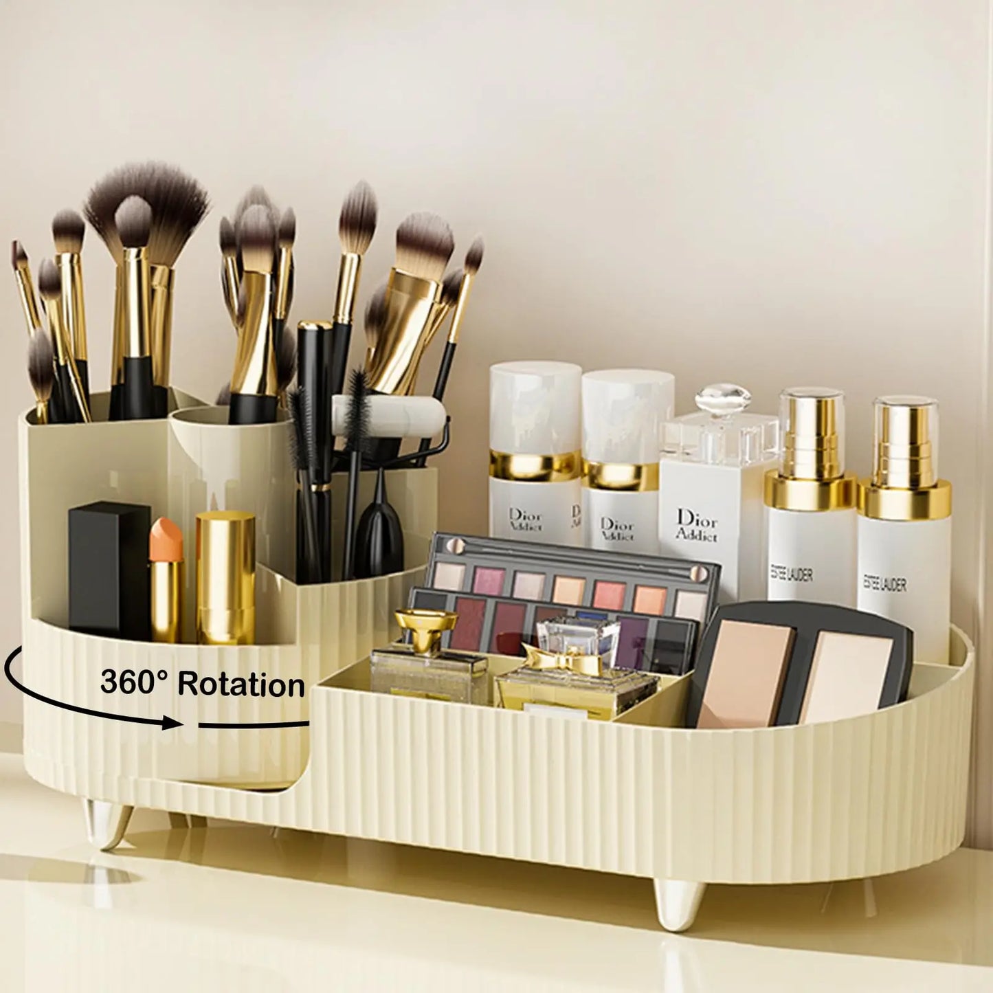 360 Rotating Makeup Organizer for Vanity with Brush Holder