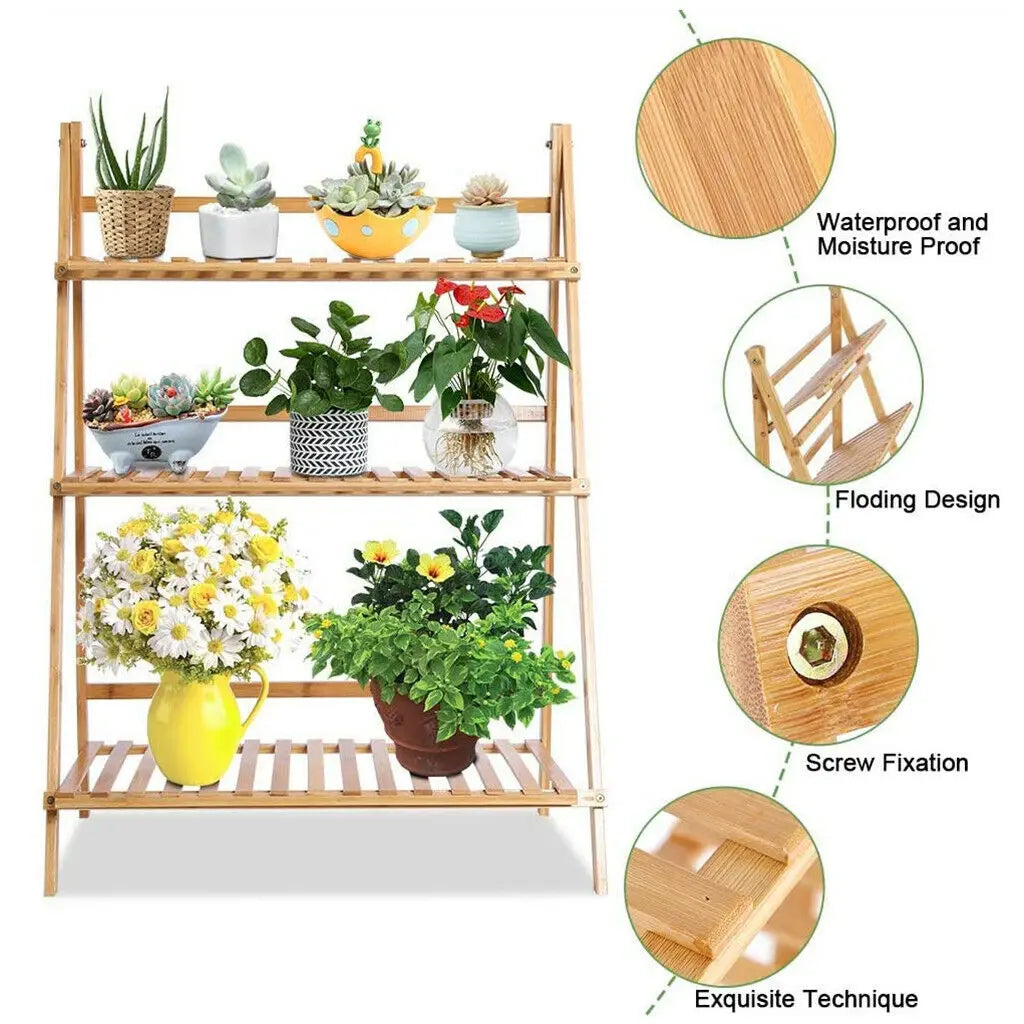 3 Tier Foldable Bamboo Plant Stand Organizer for Indoor Outdoor