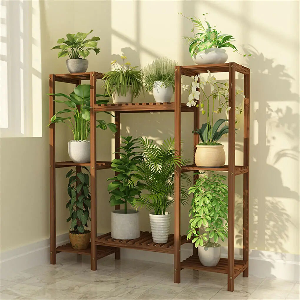 Multi-Tier Stylish Bamboo Plant Stand Indoor Outdoor 10 Pot Display Rack