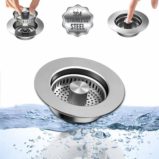 3 In 1 Kitchen Sink Drain Strainer Stainless Steel Pop-Up Stopper