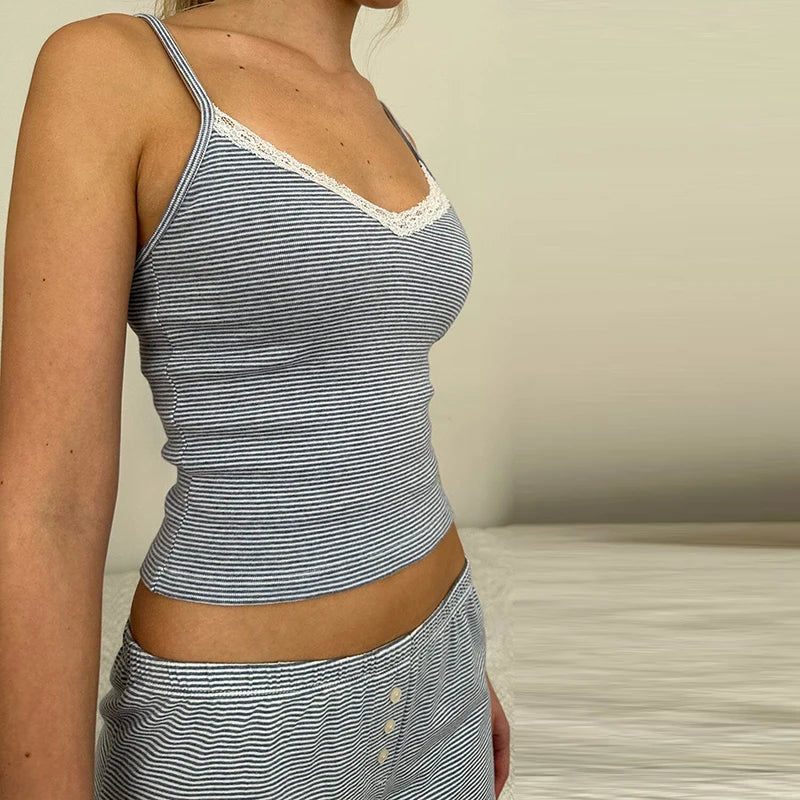 Casual Striped Loungwear Lace Trim V Neck Camis Set