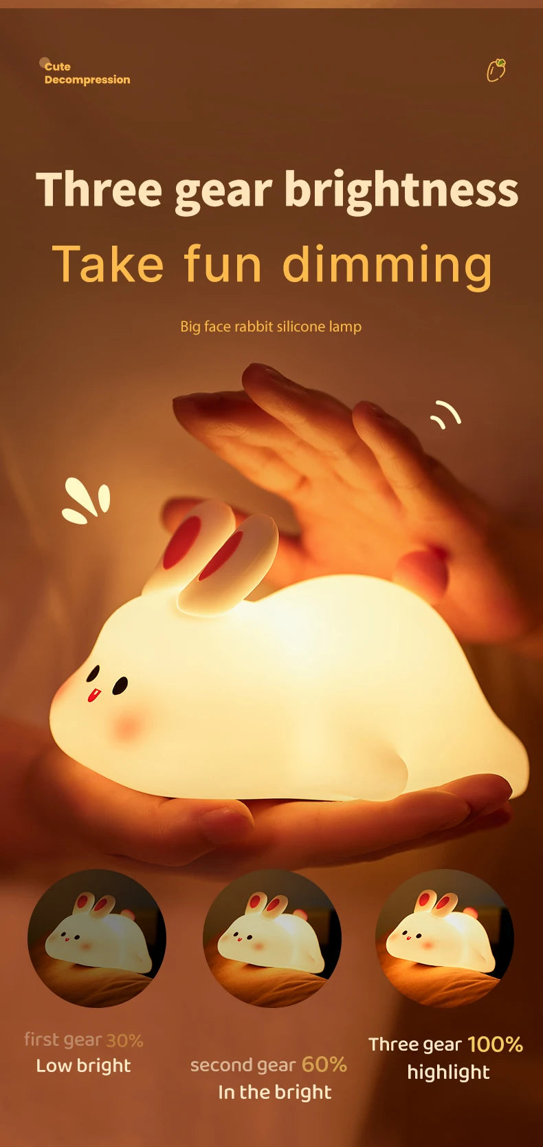 Big Face Rabbit Night Light Cute Silicone Soft Lamp Gift