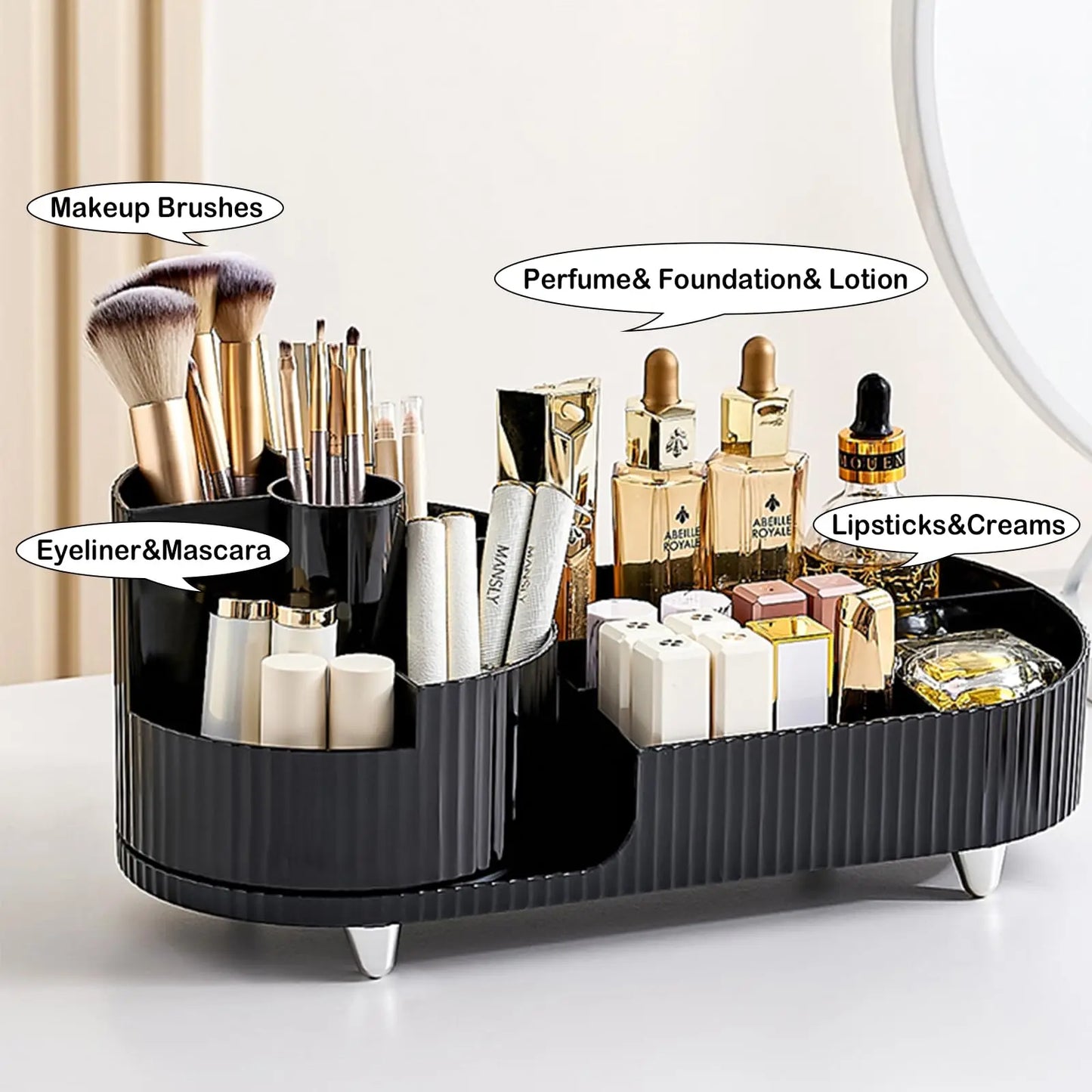 360 Rotating Makeup Organizer for Vanity with Brush Holder