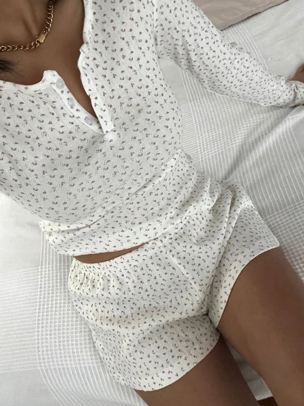 Sweet Eyelet Buttons Long Sleeve T-shirt Shorts Set Women Cotton Home Pajama 2 Piece Sets Slim Tees Elastic Straight Sweatshort