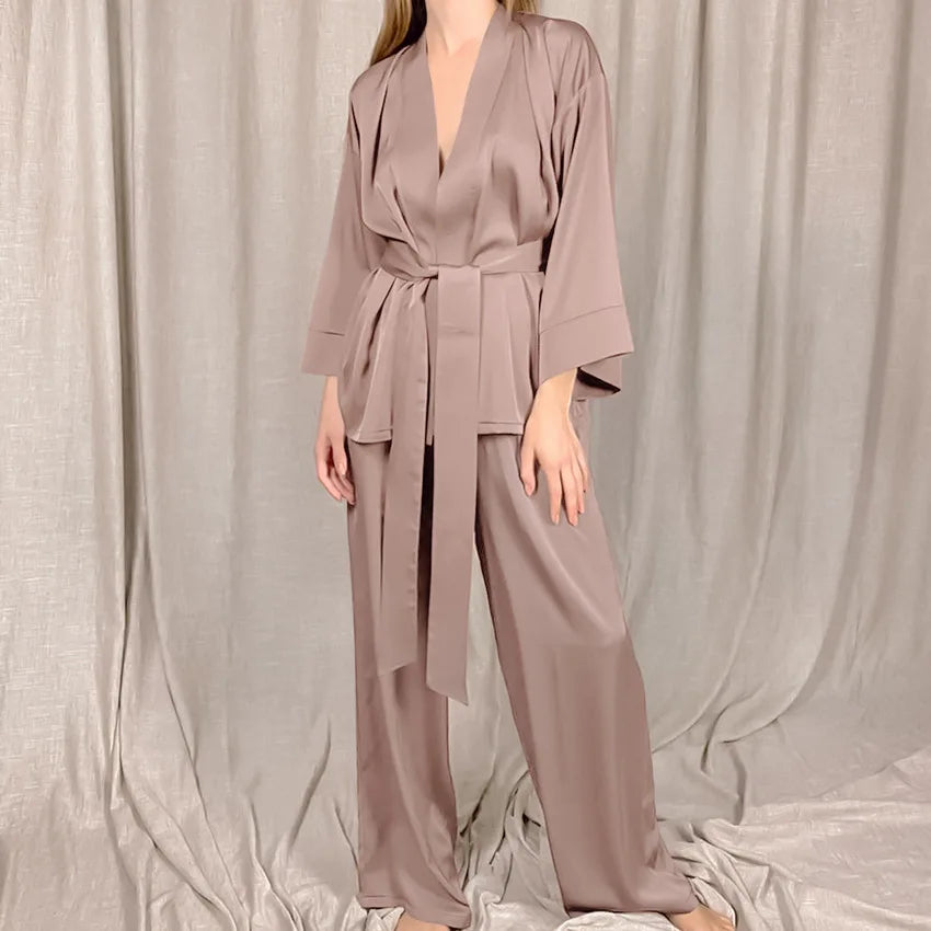 Women's 2024 Matching Sets Pajamas With Belt Satin Two Piece Suit