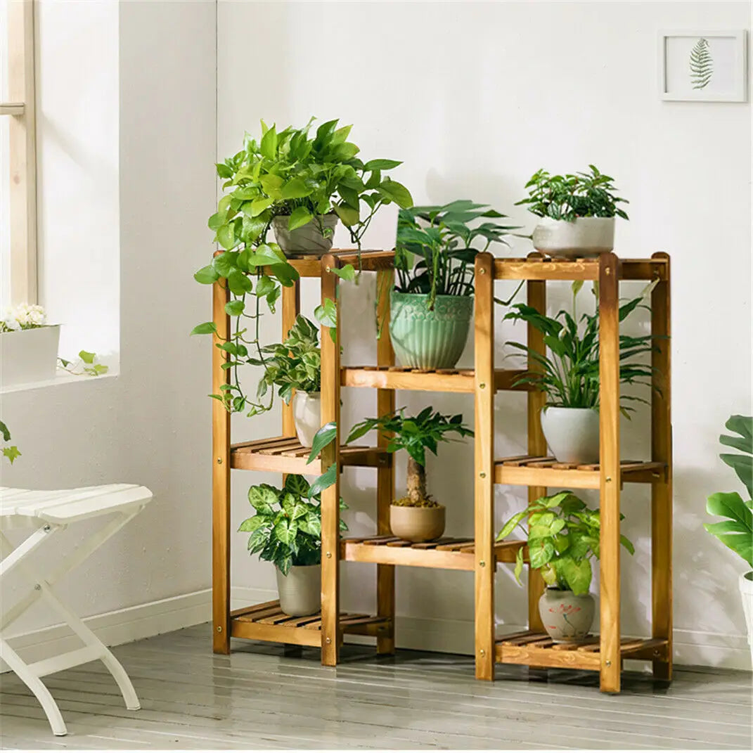 Multi-Tier Stylish Bamboo Plant Stand Indoor Outdoor 10 Pot Display Rack