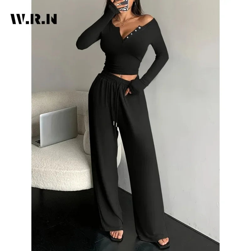 Women Two Piece Sets Pajama Set Sexy V-neck Long Sleeve Sleepwear Pants