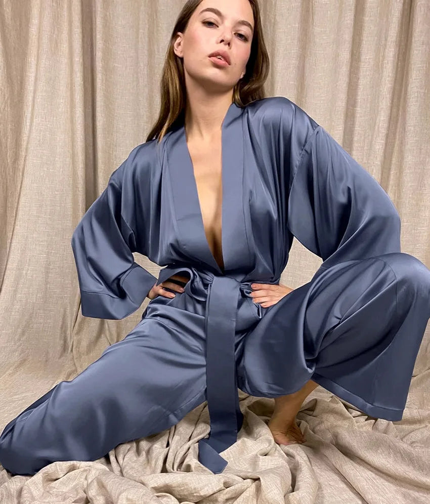 Women's 2024 Matching Sets Pajamas With Belt Satin Two Piece Suit