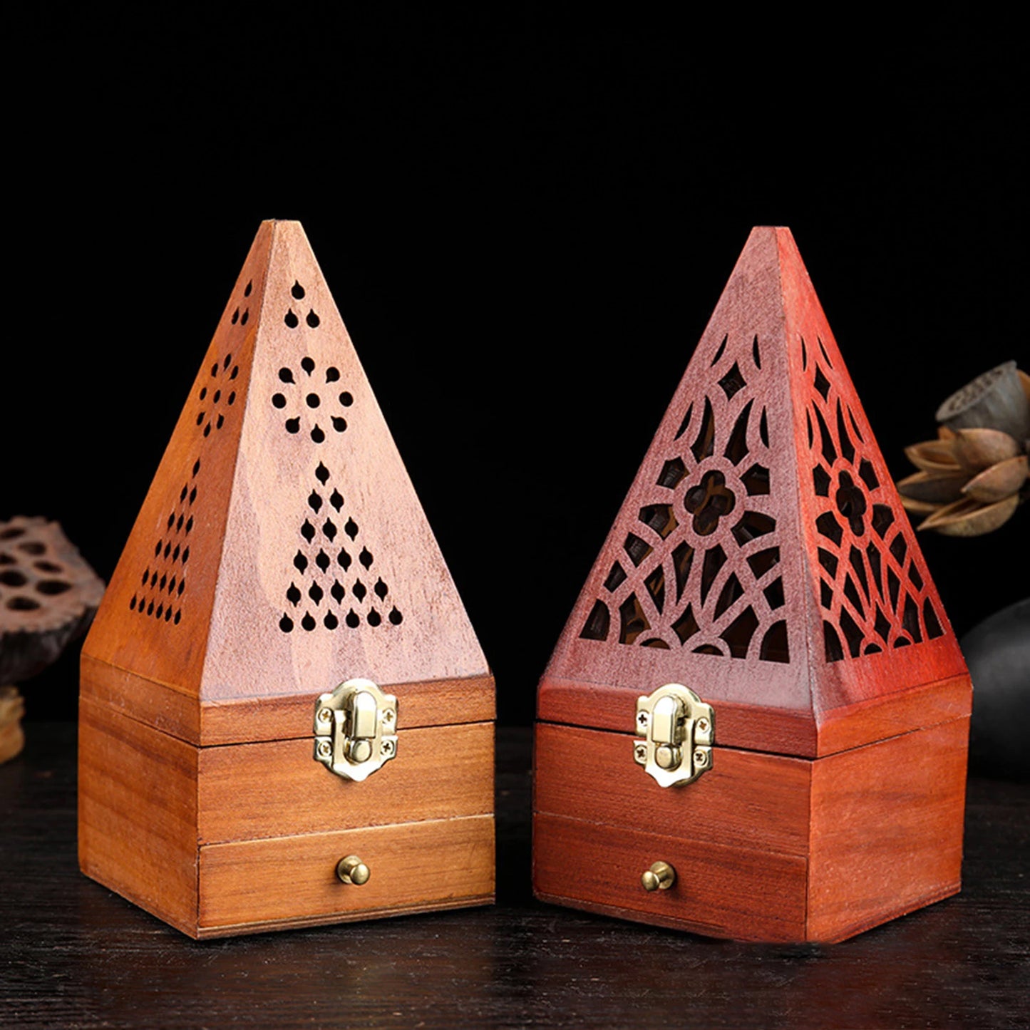 Wood Incense Burner Box Wooden Censer Pyramid Decor Holder