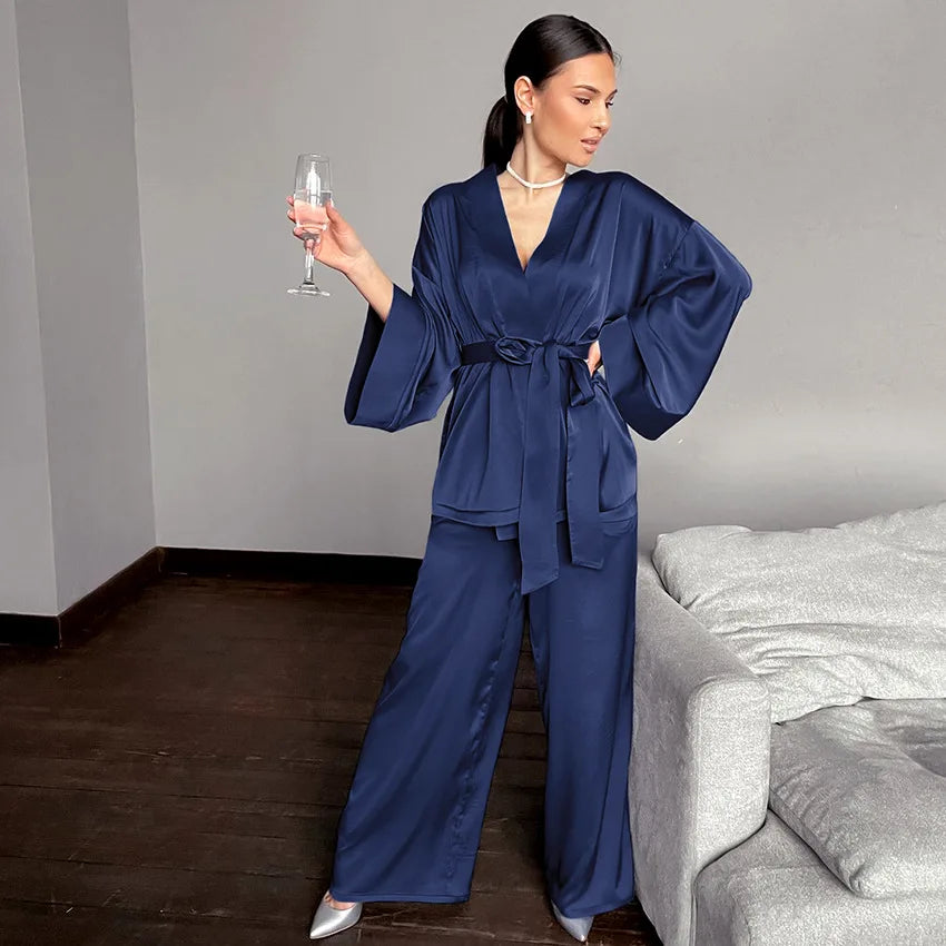 Women's 2024 Matching Sets Pajamas With Belt Satin Two Piece Suit