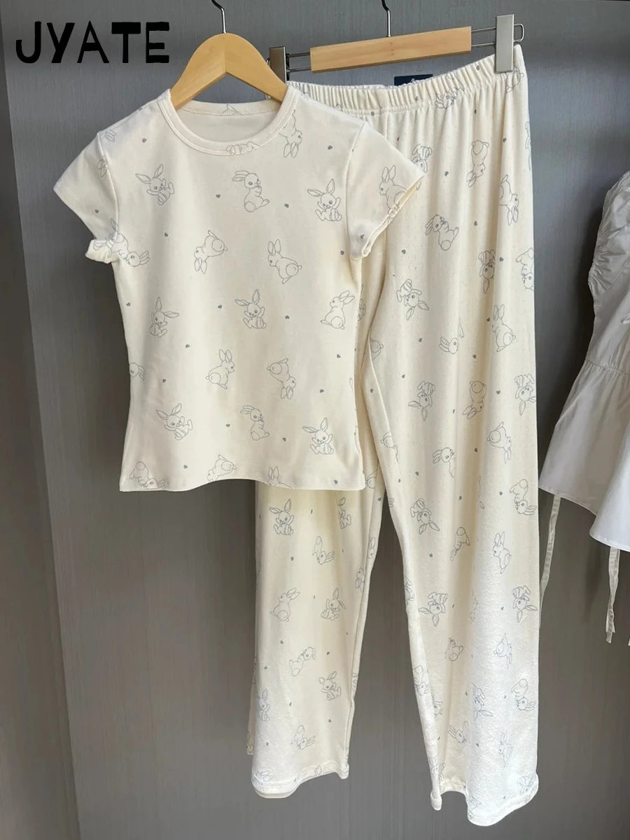 Sweet Little Deer Print T-Shirt Pant Set Women Casual Pajama