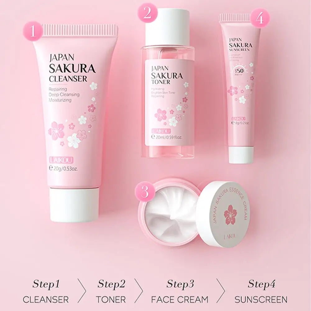 4pcs/Bag Sakura Skin Care Sets Facial Cleanser Toner Sunscreen Products