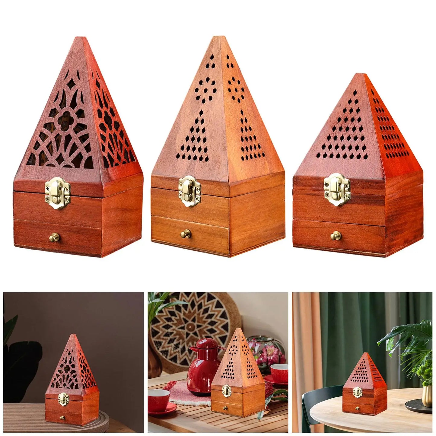 Wood Incense Burner Box Wooden Censer Pyramid Decor Holder