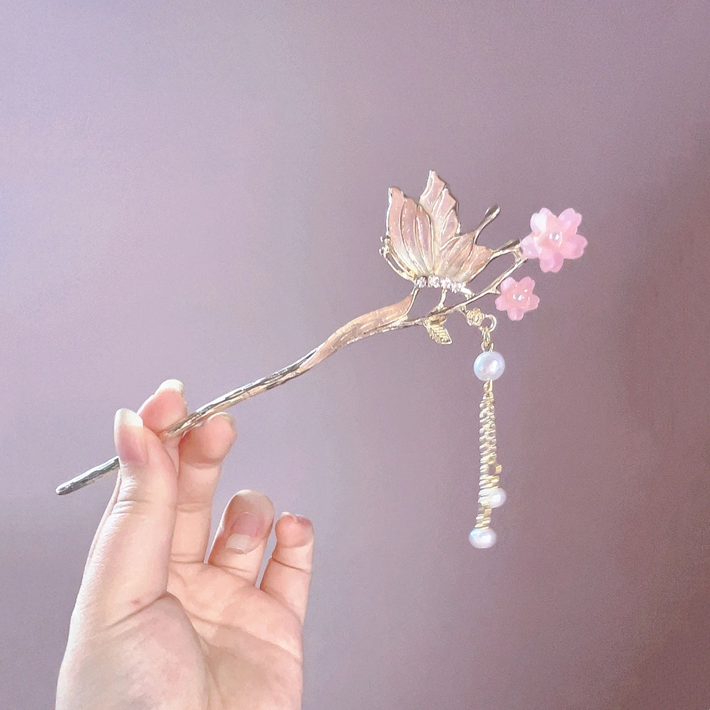 Elegant Green Butterfly Hair Sticks With Pink Flower Clips