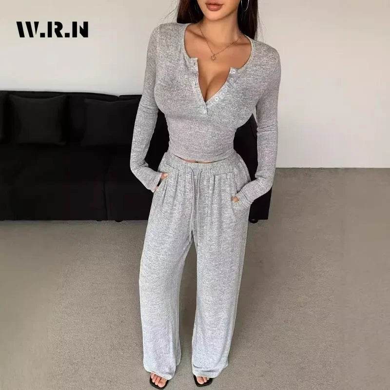 Women Two Piece Sets Pajama Set Sexy V-neck Long Sleeve Sleepwear Pants