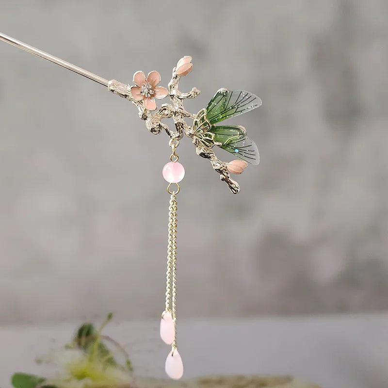 Elegant Green Butterfly Hair Sticks With Pink Flower Clips