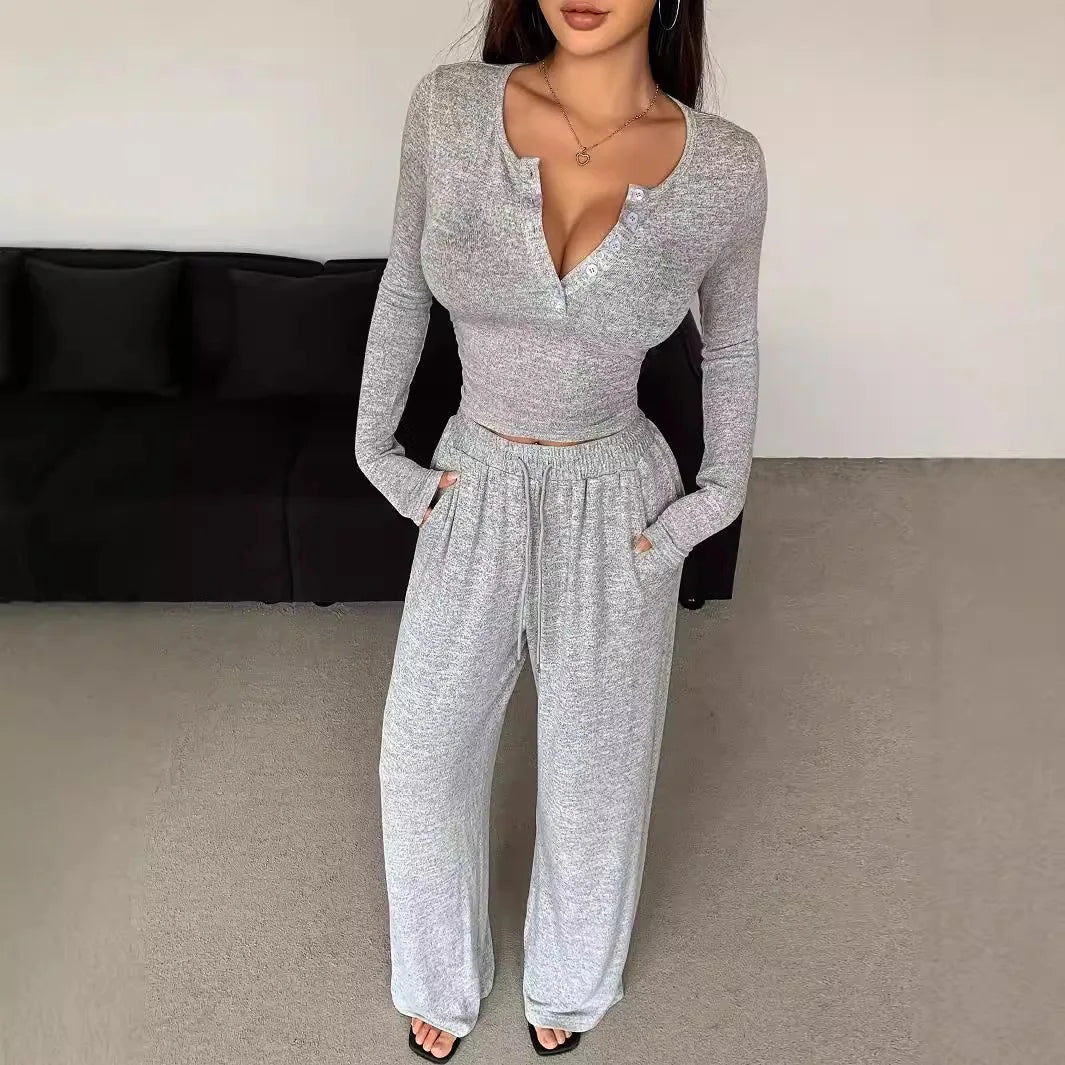 Women Two Piece Sets Pajama Set Sexy V-neck Long Sleeve Sleepwear Pants