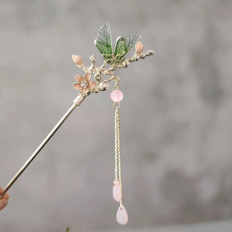 Elegant Green Butterfly Hair Sticks With Pink Flower Clips