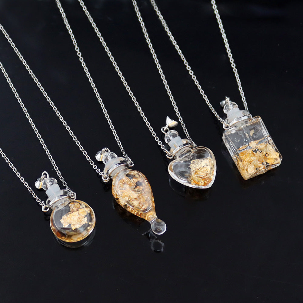 Fashion Crystal Aromatherapy Necklace Goldleaf Glass Pendant