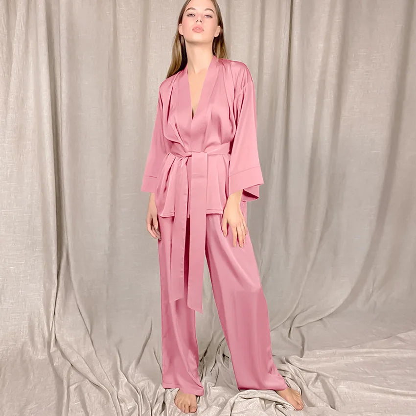 Women's 2024 Matching Sets Pajamas With Belt Satin Two Piece Suit