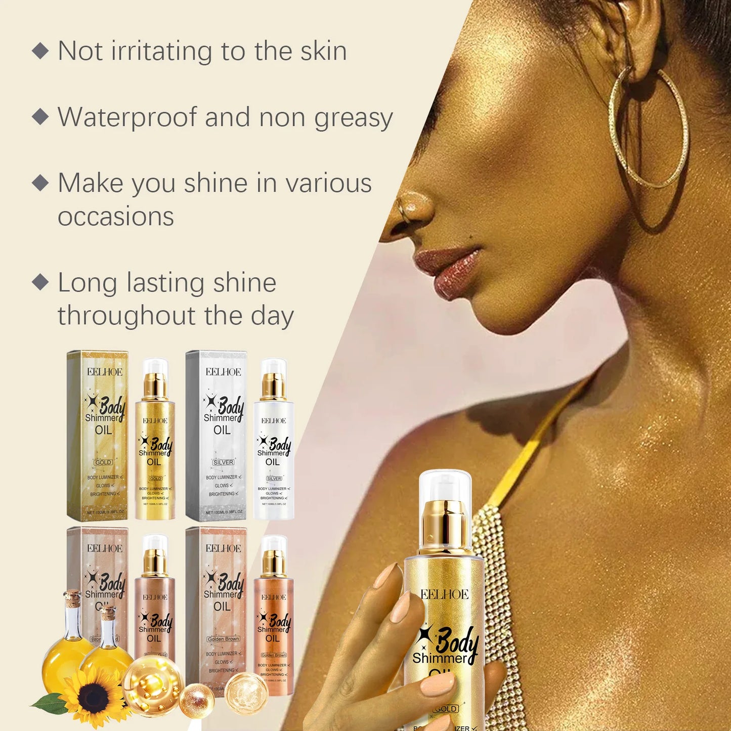 EELHOE 3D Body Oil with Shimmer for Moisturized Radiance